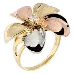 14k tri gold plumeria with CZ, size 6. Solid gold.